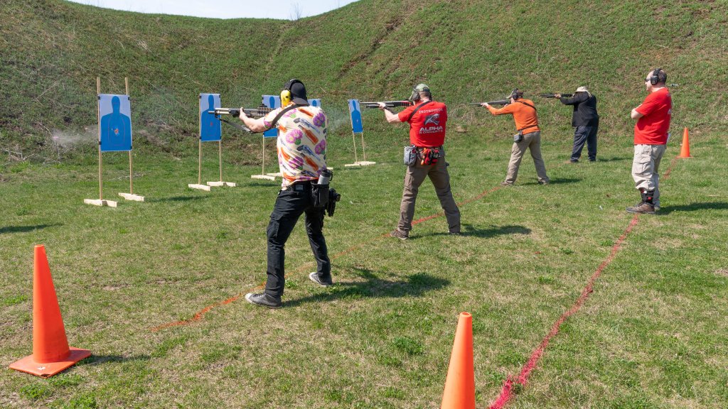 Students shooting shotguns during a defensive shotgun class