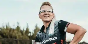 Photo of Becky Yackley, competitive shooter, wearing shooting glasses.